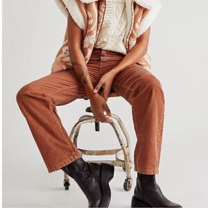 NWT Free People Brown Pax Slim Corduroy Boyfriend Jeans 32 MidRise Straight Pant